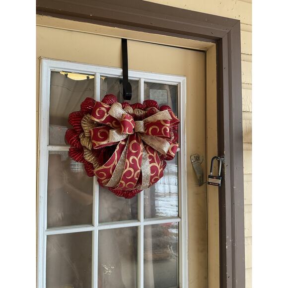 Red & Gold Heart Door Hanger Wreath | Valentine’s Decor | Burlap Ribbon Heart - Picture 3 of 4